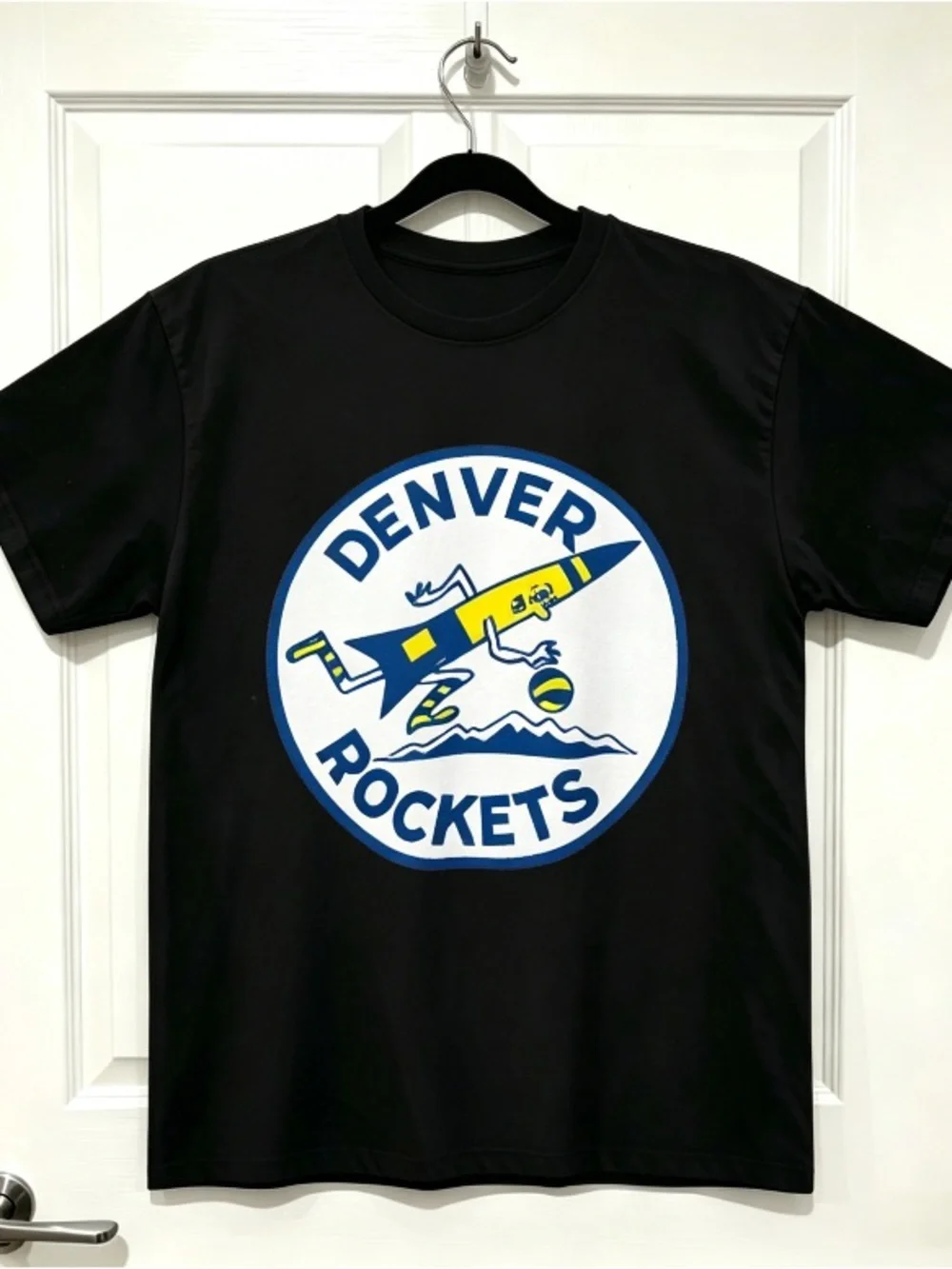 Denver Rockets Retro Cartoon Rocket Man Logo Black T-shirt Unisex